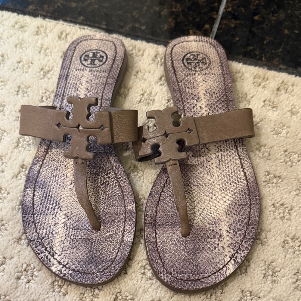 Tory Burch Taupe Snakeskin Flip Flops
